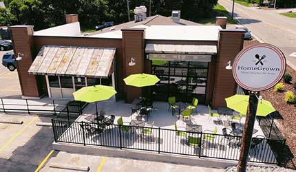 Drone view of the exterior of HomeGrown restaurant in Vass, NC