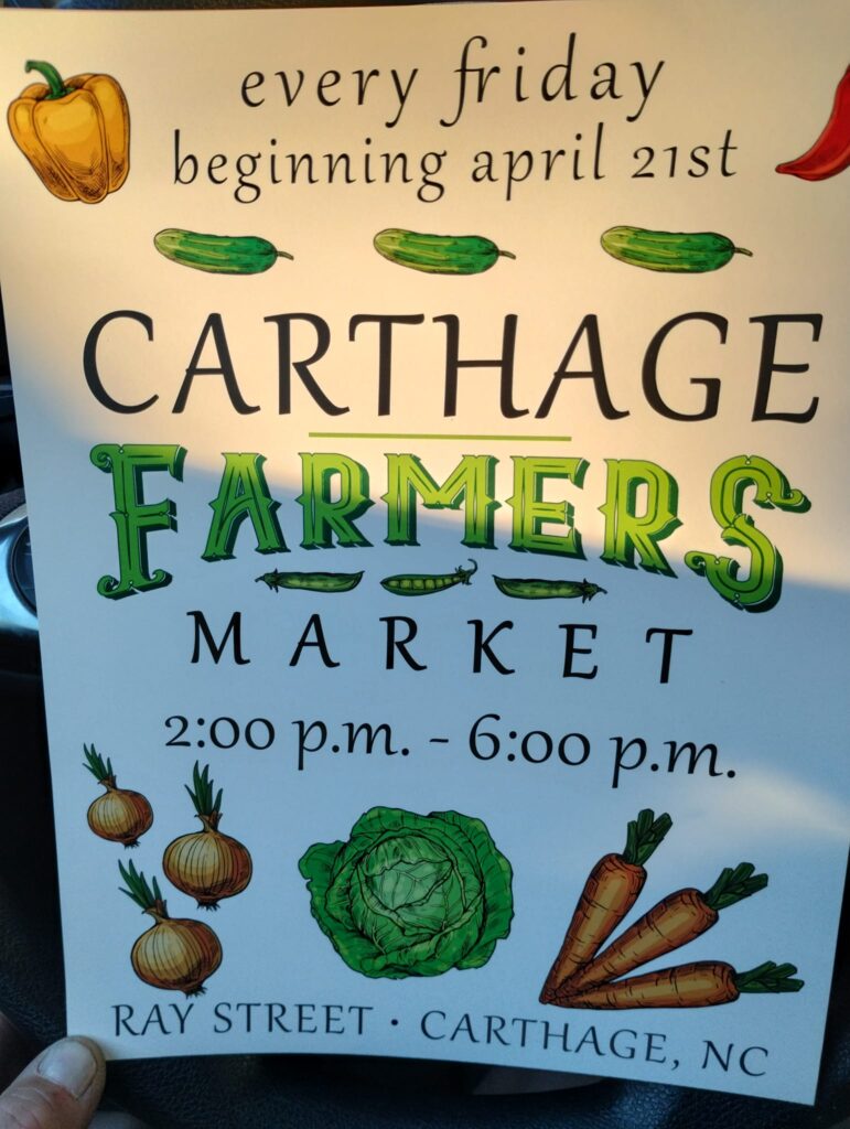 Farmers Market!  This market will be open every Friday 2pm-6pm on South Ray St in Carthage in the parking lot across from the post office.  If you are interested in becoming a vendor to sell your products at this market, send us a message or email at carthagencfarmersmarket@gmail.com